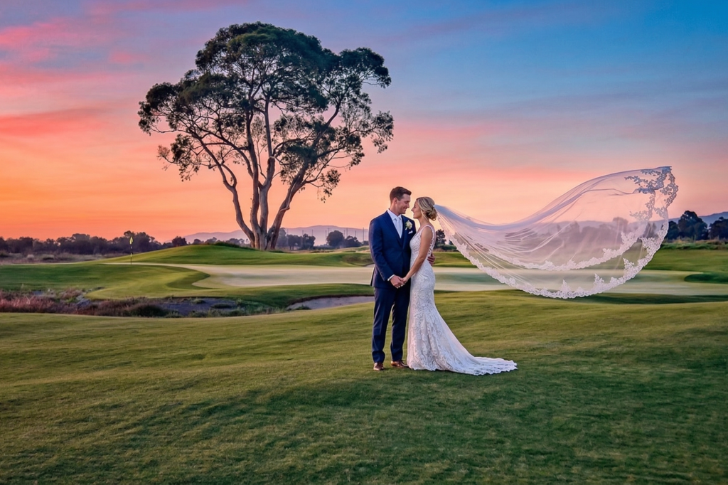 Bride and Groom Kissing Sunset